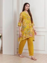Lime Yellow Chanderi Floral Printed Asymmetric Straight Kurta Set - Image 6