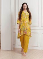 Lime Yellow Chanderi Floral Printed Asymmetric Straight Kurta Set - Image 7