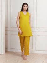 Lime Yellow Chanderi Floral Printed Asymmetric Straight Kurta Set - Image 8