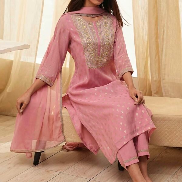 Dull Pink Embroidered Straight Suit Set