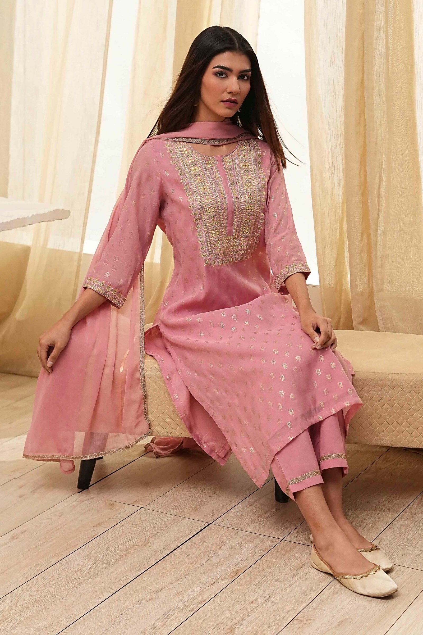 skdnagma10825ss25pnk_1.jpg Dull Pink Embroidered Straight Suit Set - Image 1