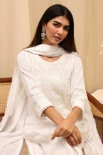 Off White Cotton Straight Embroidered Fusion Set