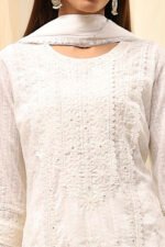 Off White Cotton Straight Embroidered Fusion Set - Image 2