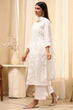 Off White Cotton Straight Embroidered Fusion Set - Image 4
