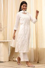 Off White Cotton Straight Embroidered Fusion Set - Image 5