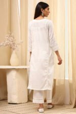 Off White Cotton Straight Embroidered Fusion Set - Image 6
