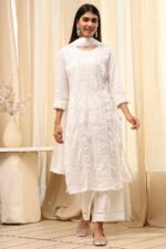 Off White Cotton Straight Embroidered Fusion Set - Image 7