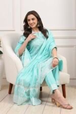Sea Green Cotton Straight Kurta Pants Suit Set