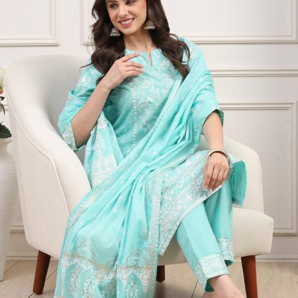 Sea Green Cotton Straight Kurta Pants Suit Set