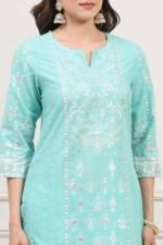 Sea Green Cotton Straight Kurta Pants Suit Set - Image 2