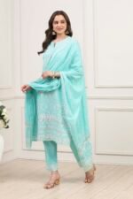 Sea Green Cotton Straight Kurta Pants Suit Set - Image 4