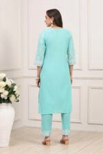 Sea Green Cotton Straight Kurta Pants Suit Set - Image 5
