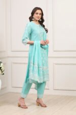 Sea Green Cotton Straight Kurta Pants Suit Set - Image 6