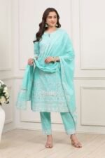 Sea Green Cotton Straight Kurta Pants Suit Set - Image 7