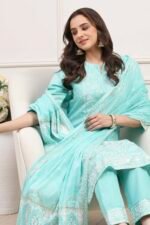 Sea Green Cotton Straight Kurta Pants Suit Set - Image 8