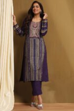 Purple Polyester Blend Straight Kurta Pants Set