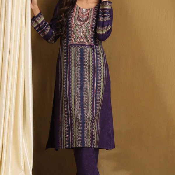 Purple Polyester Blend Straight Kurta Pants Set